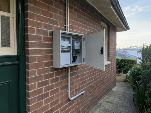 Open electrical switchboard on an exterior brick wall beside a house entry in Kirribilli